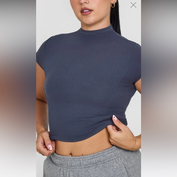 Oner Active True Blue Mellow Soft Mock Neck Rib Mid Rise Tee Shirt L - Picture 1 of 6